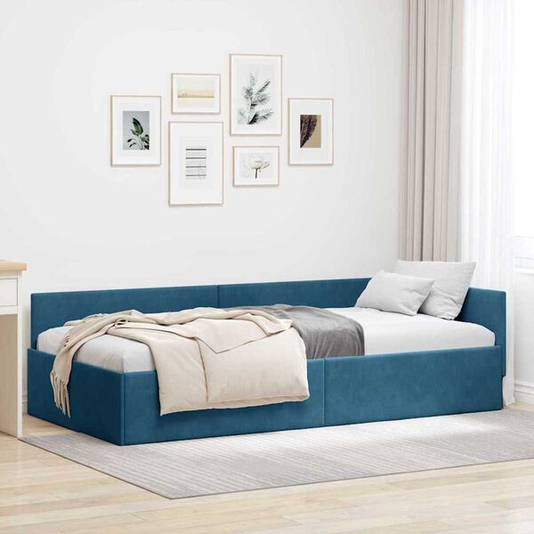 vidaXL Corner Bed Frame with Headboard Blue 90 cm x 200 cm Velvet
