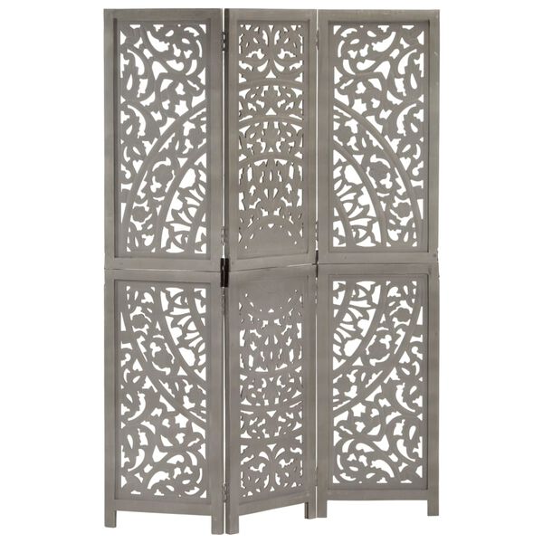 vidaXL Hand carved 3-Panel Room Divider Grey 120x165 cm Solid Mango Wood