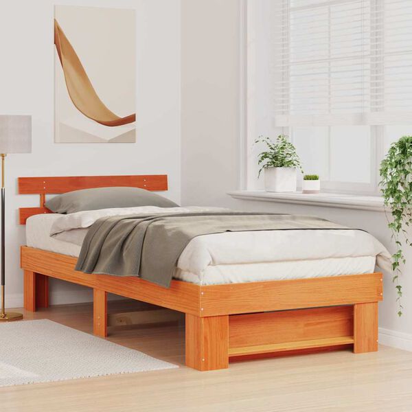 vidaXL Bed Frame with Headboard Wax Brown 100 x 200 cm Solid Pine Wood