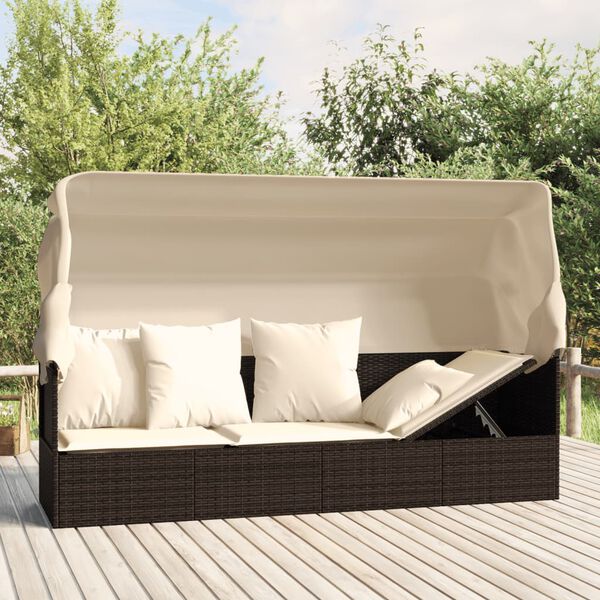 vidaXL Outdoor Lounge Bed with Roof and Cushions Brown Poly Rattan