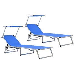 vidaXL Folding Sun Loungers with Roof 2 pcs Aluminium&Textilene Blue