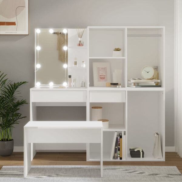 vidaXL Dressing Table Set with LED White Engineered Wood