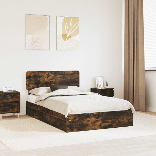vidaXL Storage Bed with Drawer Smoked Oak 120 x 190 cm Engineered Wood