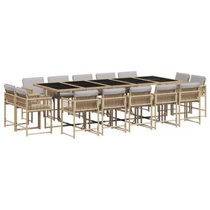 vidaXL 15 Piece Garden Dining Set with Cushions Mix Beige Poly Rattan