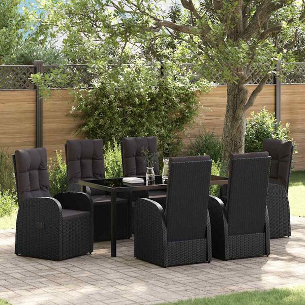 vidaXL Garden Dining Set with Cushion 7 pcs Black Poly rattan