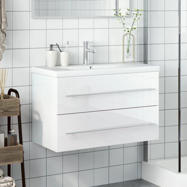 vidaXL Bathroom Sink Cabinet with Built-in Basin High Gloss White