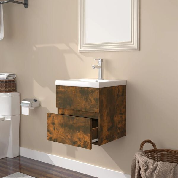 vidaXL Sink Cabinet with Built-in Basin Smoked Oak Engineered Wood