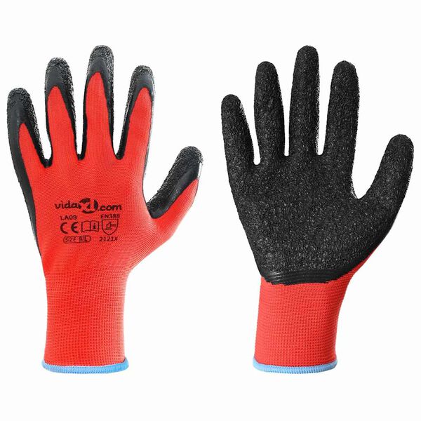 vidaXL Work Gloves 24 pcs Red and Black 9 / L Latex Coating