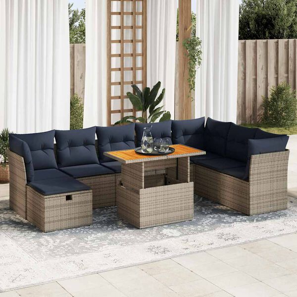 vidaXL 9 Piece Garden Sofa Set with Cushions Brown Poly Rattan Acacia