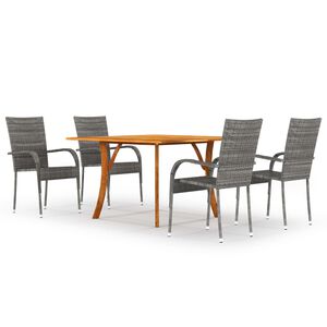 vidaXL Dining Set | Grey | Solid Acacia wood, PE rattan, Powder-coated steel