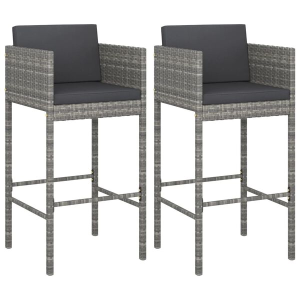 vidaXL Bar Stools with Cushions 2 pcs Grey Poly Rattan