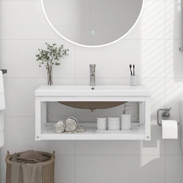 vidaXL Bathroom Washbasin Frame with Built-in Basin White Iron
