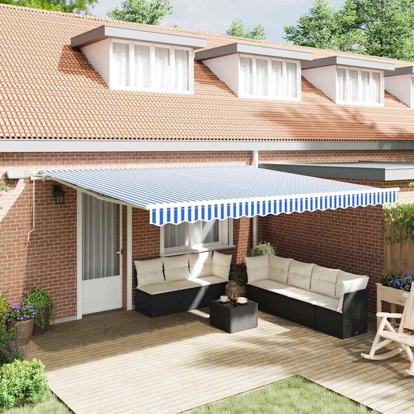 vidaXL Retractable Awning Manual Blue and White 450 x 300 cm