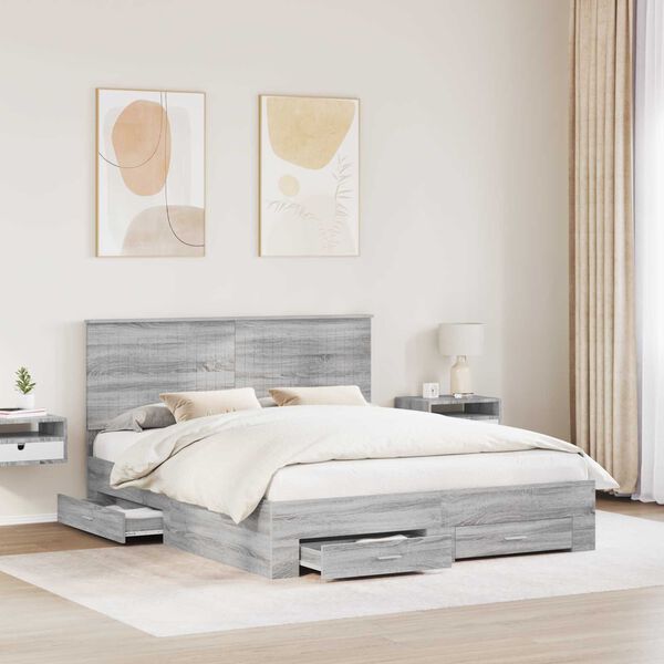 vidaXL Bed Frame with Drawer Grey Sonoma 160 x 200 cm Engineered Wood