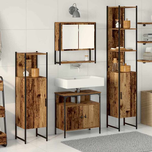 vidaXL Bathroom Furniture Set with Door 4 pcs Old wood Engineered wood