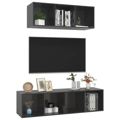vidaXL 2 Piece TV Cabinet Set High Gloss Grey Engineered Wood