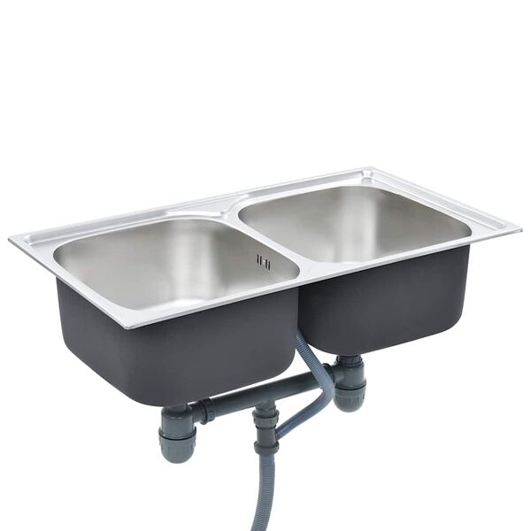 vidaXL Kitchen Sink Double Basin with Strainer & Trap Stainless Steel