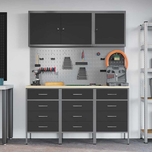 vidaXL Work Cabinet with Drawer 8 pcs Black Engineered Wood and Steel