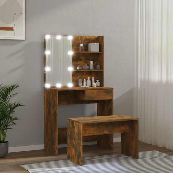 vidaXL Dressing Table Set with LED Smoked Oak Engineered Wood