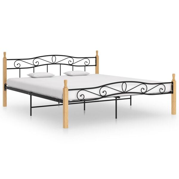 vidaXL Bed Frame without Mattress Black Metal&Solid Oak Wood 200x200 cm