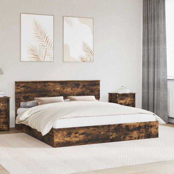 vidaXL Storage Bed with Drawer Smoked Oak 200 x 200 cm Engineered Wood