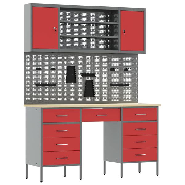 vidaXL Work Cabinet with Drawer 8 pcs Red Engineered Wood and Steel