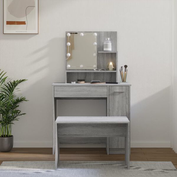 vidaXL Dressing Table Set with LED Grey Sonoma Engineered Wood
