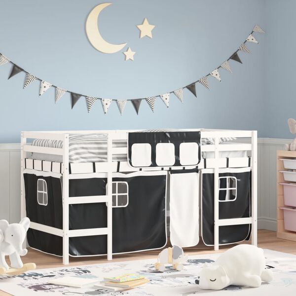 vidaXL Kids' Loft Bed with Curtains without Mattress White&Black 90x190cm