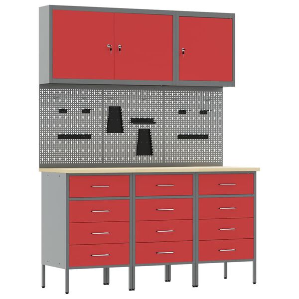 vidaXL Work Cabinet with Drawer with Lock 8 pcs Red 150 x 55 x 200 cm