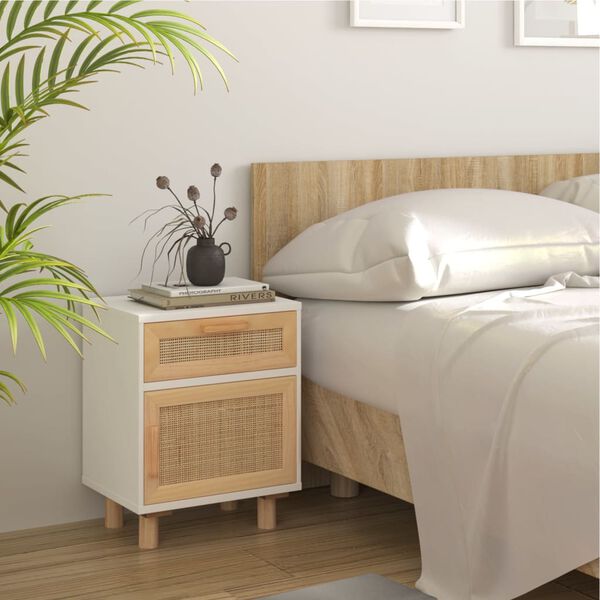 vidaXL Bedside Cabinets 2 pcs White Solid Wood Pine and Natural Rattan