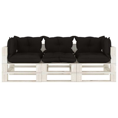 vidaXL Garden Pallet Sofa 3-Seater with Black Cushions Wood