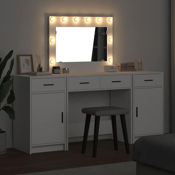 vidaXL Dressing Table with Mirror Lights 3 pcs White Engineered Wood