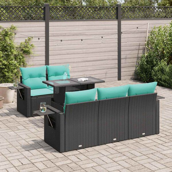 vidaXL 6 Piece Garden Sofa Set with Cushions Black Poly Rattan Acacia