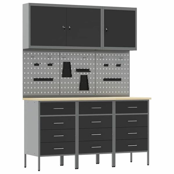 vidaXL Work Cabinet with Drawer 8 pcs Black Engineered Wood and Steel