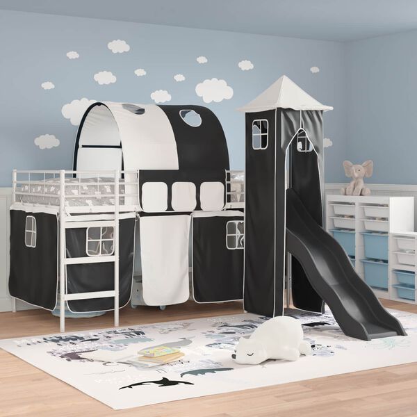 vidaXL Kids'Loft Bed Frame with Curtains, Arch, Slide, Tower