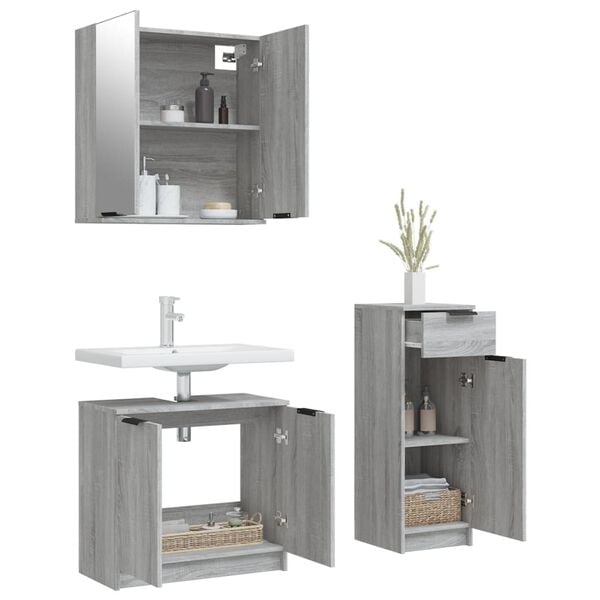 vidaXL 3 Piece Bathroom Cabinet Set Grey Sonoma Engineered Wood
