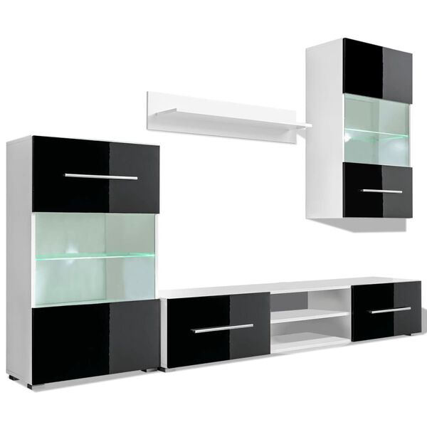 vidaXL 4 pcs Black High Gloss Wall Display Cabinet TV Unit with LED Lighting