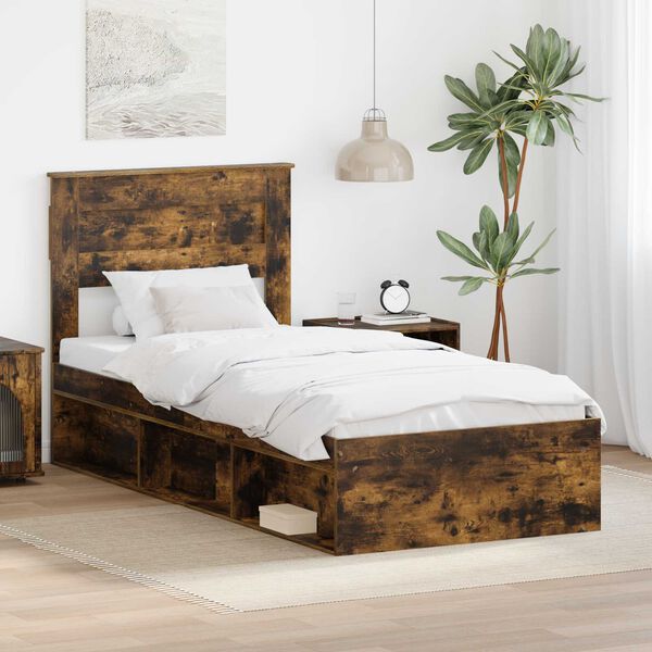 vidaXL Bed Frame with Mattress Smoked Oak 100 x 200 cm Solid Pine Wood