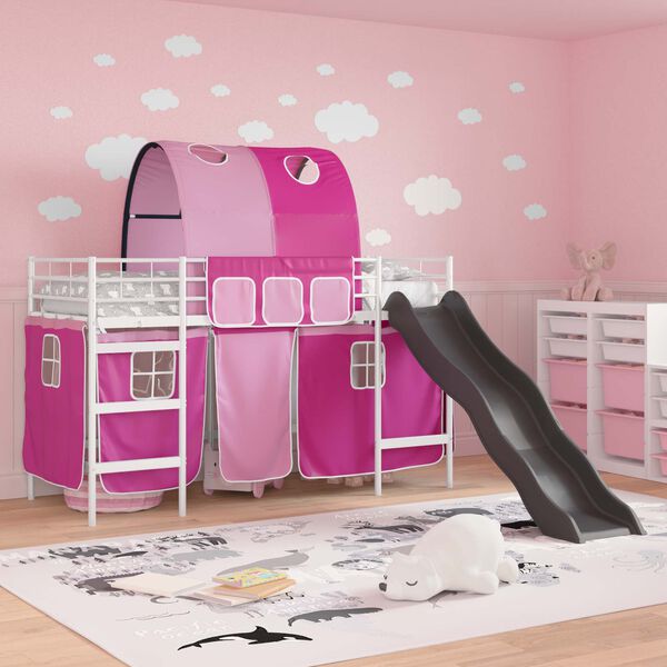 vidaXL Kids'Loft Bed Frame with Curtains, Arch, Slide White and Pink
