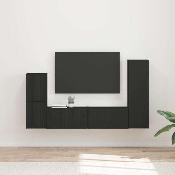 vidaXL TV Cabinet Set Wall-mounted 4 pcs Black Engineered Wood