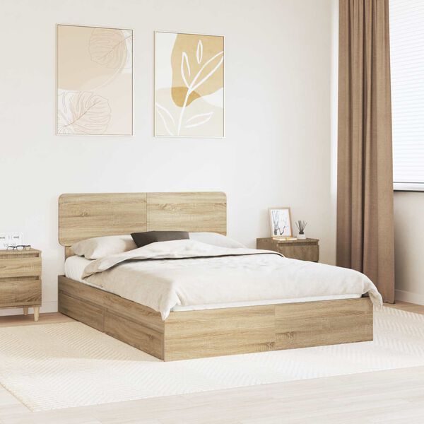 vidaXL Storage Bed with Drawer Sonoma Oak 140 x 190 cm Engineered Wood