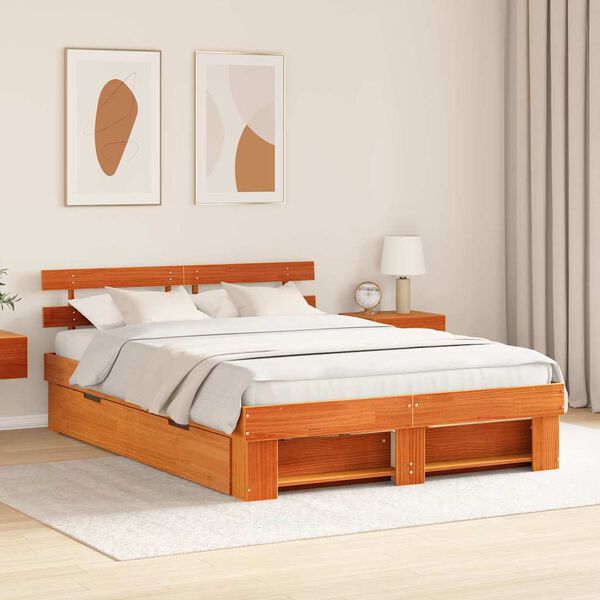 vidaXL Bed Frame with Headboard Wax Brown 150 x 200 cm Solid Pine Wood