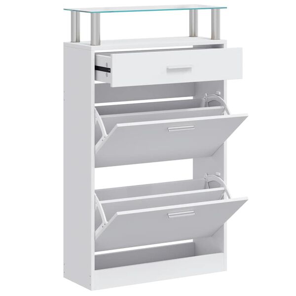 vidaXL Shoe Cabinet with a Drawer and a Top Glass Shelf Wood White