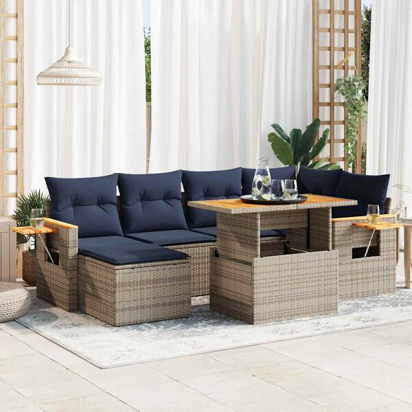 vidaXL 7 Piece Garden Sofa Set with Cushions Black Poly Rattan Acacia