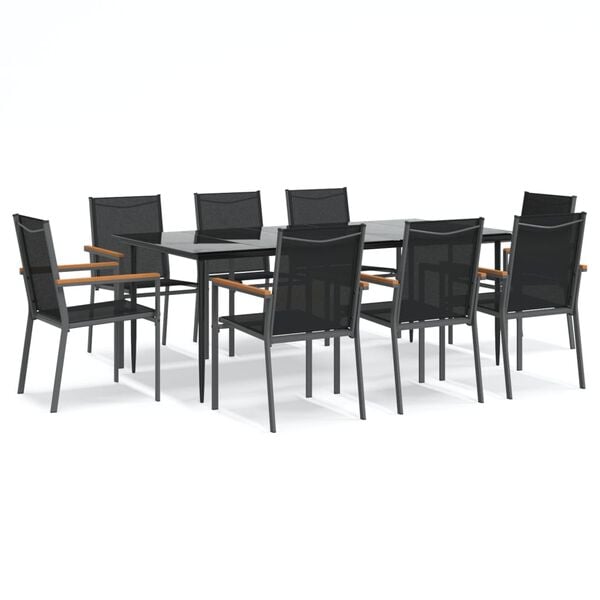 vidaXL 9 Piece Garden Dining Set Black Textilene and Steel
