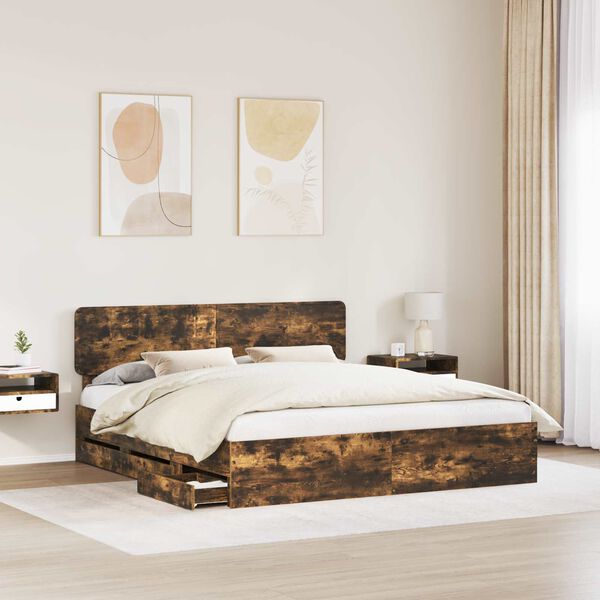 vidaXL Bed Frame with Drawer Smoked Oak 200 x 200 cm Engineer Wood