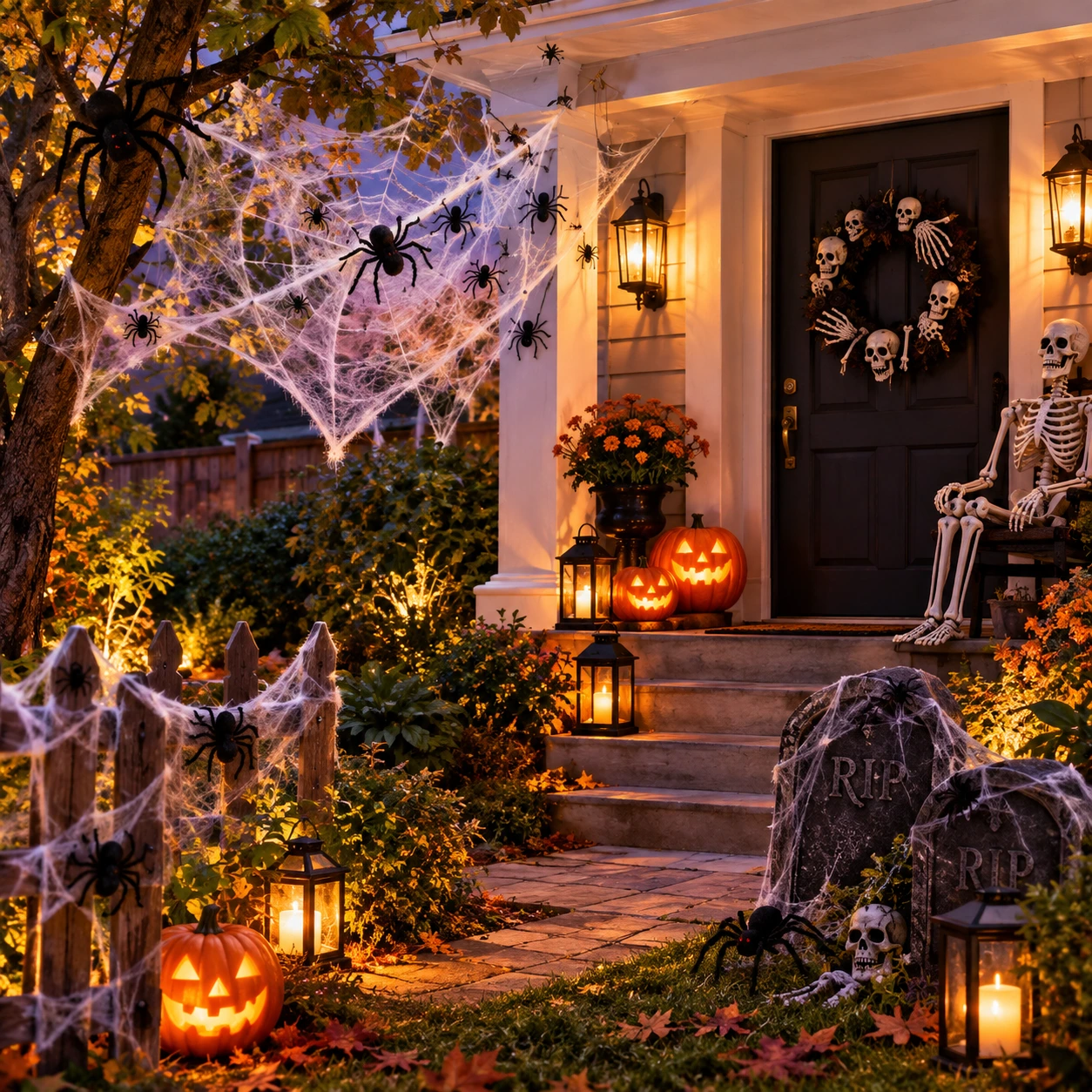 Halloween porch and garden with spider webs, spiders and a skeleton