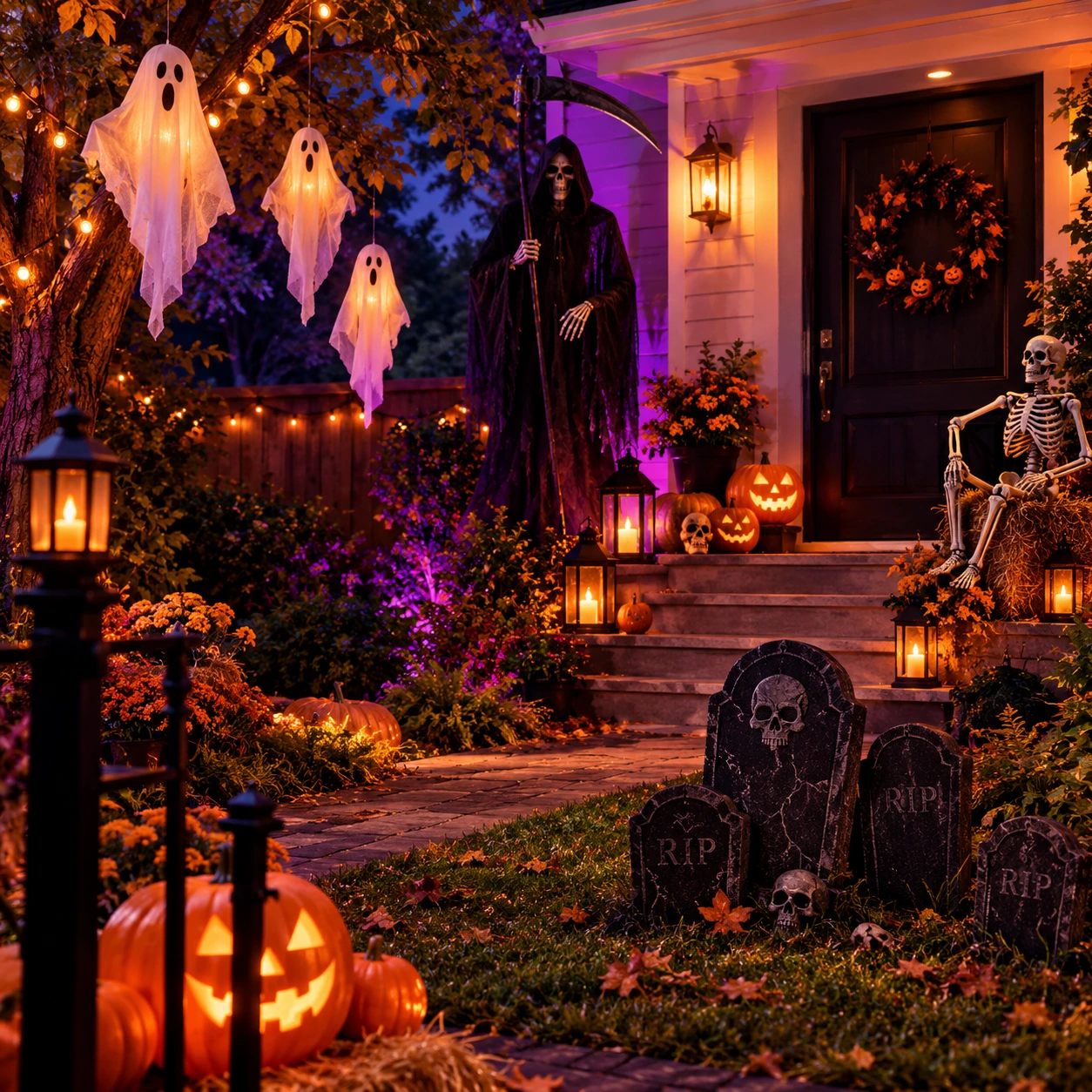 Halloween garden with hanging ghosts and a grim reaper