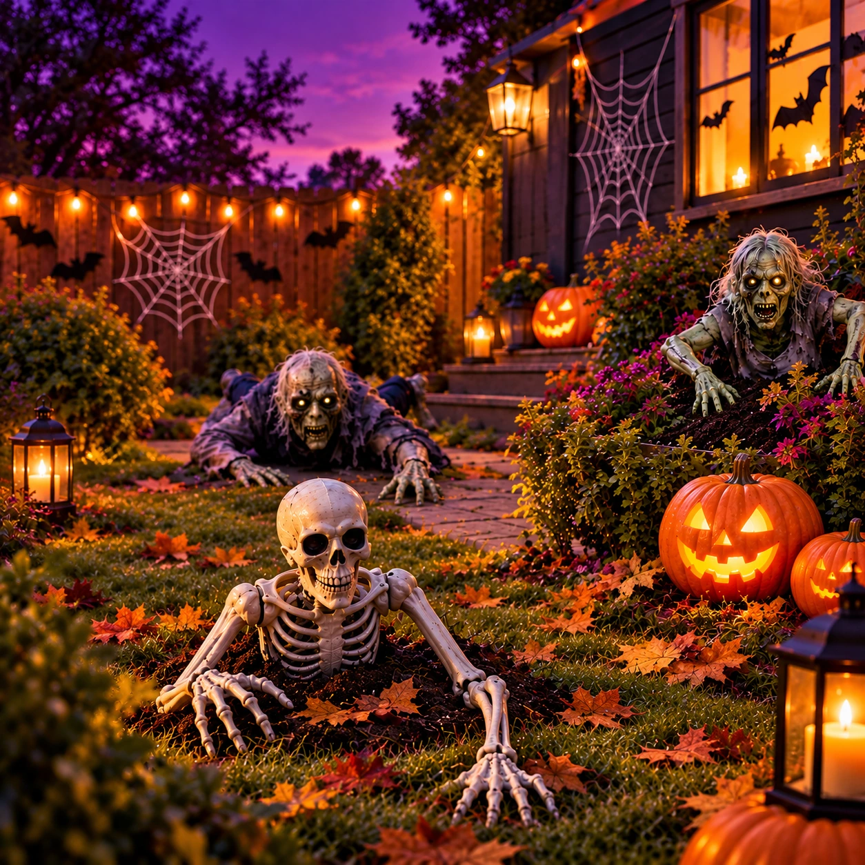 Halloween garden with a skeleton, zombies and glowing pumpkins