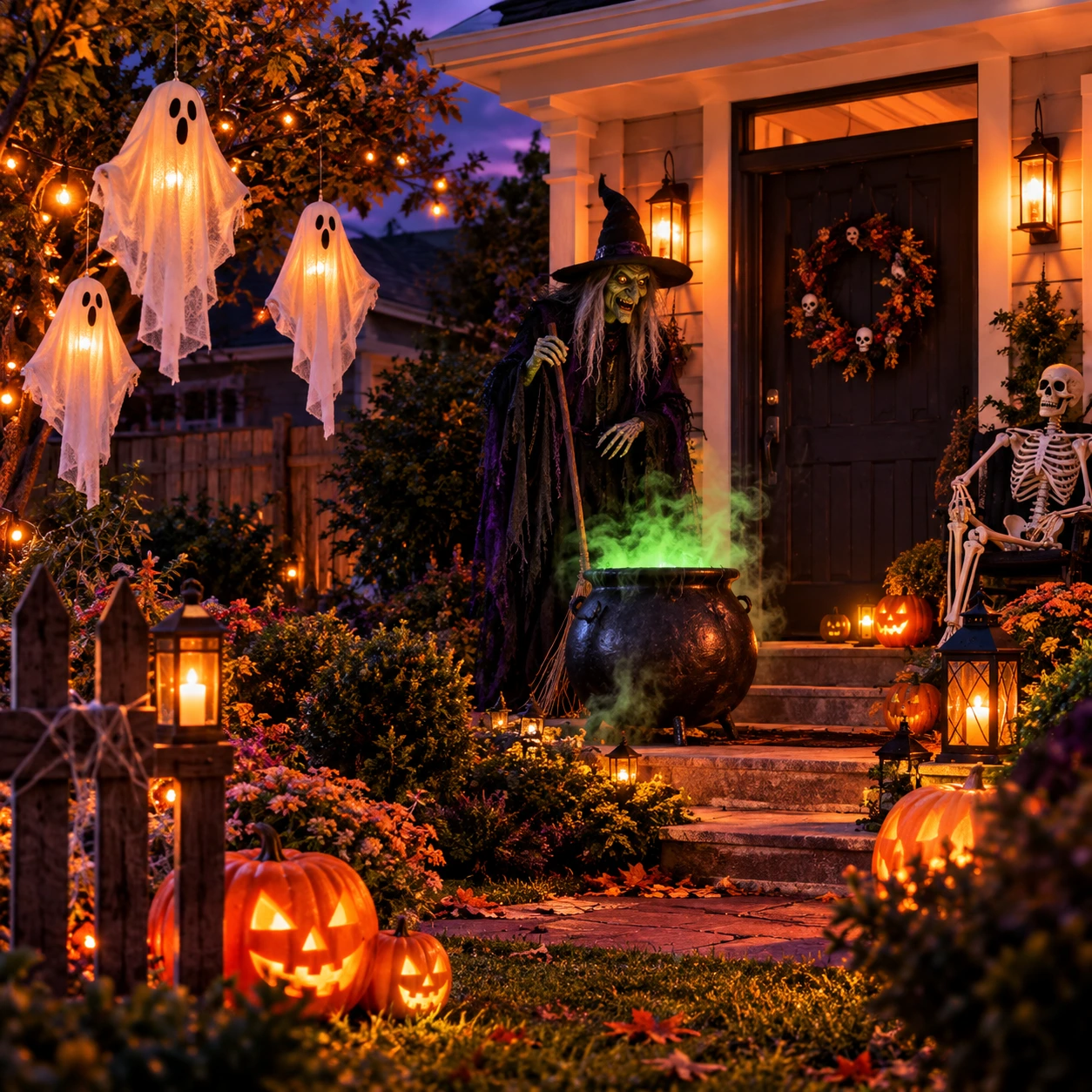 Halloween porch with a witch, ghosts and glowing pumpkins